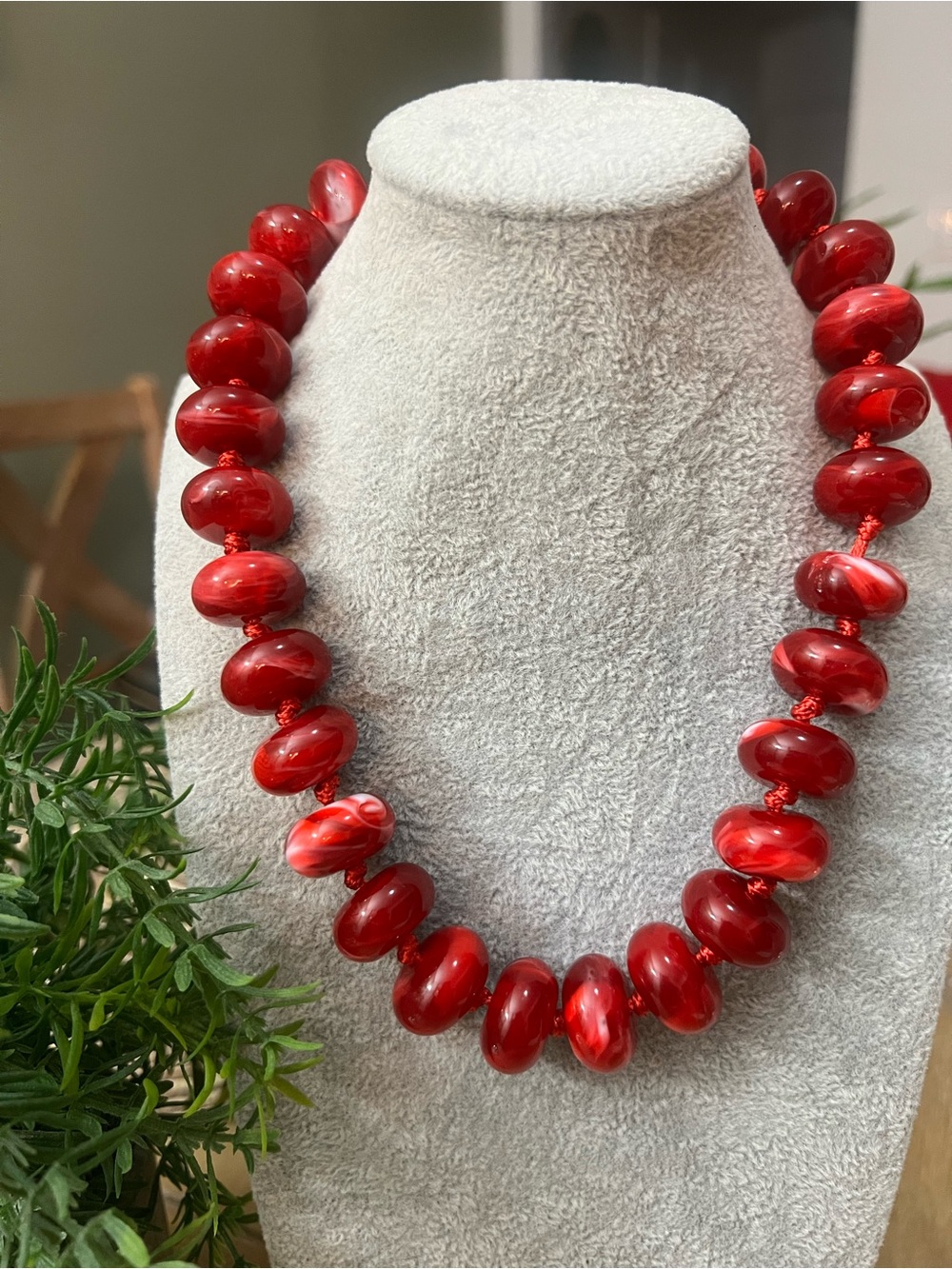 Red Statement Beaded Necklace by